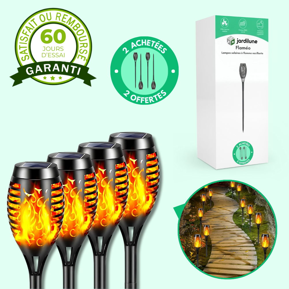 Flaméo – Lampes solaires à flamme vacillante pour jardin (Lot de 4)