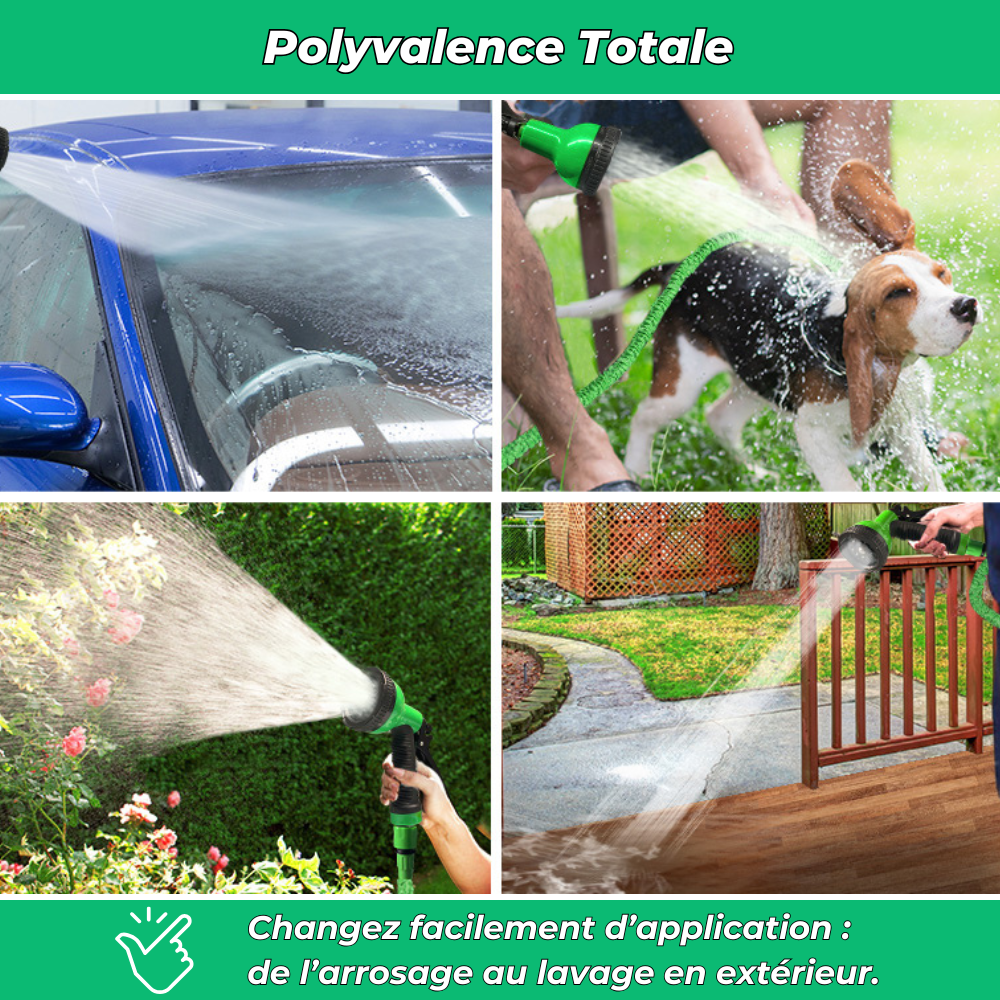 Aquaflex｜Tuyau d’arrosage extensible｜8 modes de jets haute pression